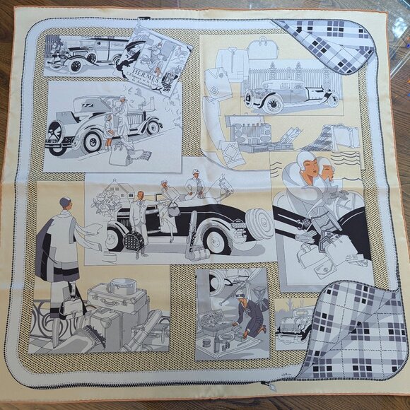 HERMES L'Elegance et le Confort en Automobile 70 cm Cream Silk Square Scarf RARE - Picture 3 of 16